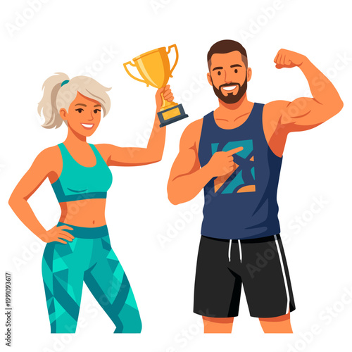 A joyful scene capturing two fitness enthusiasts celebrating their achievement with a trophy, representing teamwork and motivation in a lively and dynamic fitness environment.