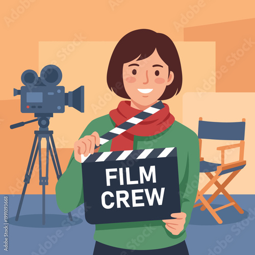 A cheerful woman stands with a clapperboard, ready to begin filming. The background features a camera setup indicating behind-the-scenes film production activities.