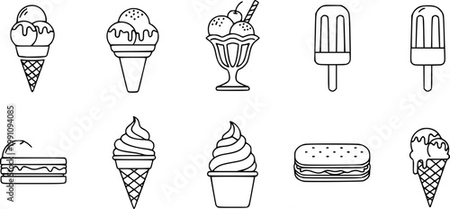 Ice cream and food icons. Set of linear icons of ice cream and food. Vector illustration
