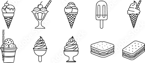 Ice cream and food icons. Set of linear icons of ice cream and food. Vector illustration
