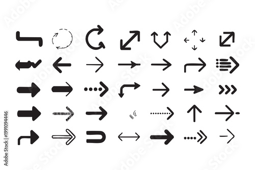 Collection of diverse hand drawn arrow icons and symbols representing direction and movement.