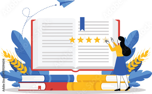 Book Review and Reading Rating Vector Illustration with Open Book, Star Rating, Female Character, and Flat Design for Education