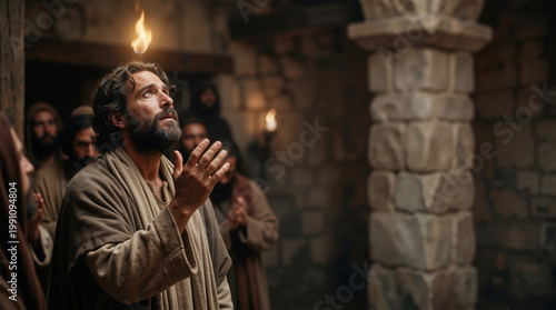 Biblical scene of a bearded man with a flame above his head during Pentecost. Ancient apostles receiving the Holy Spirit in a stone room. Copy space for text