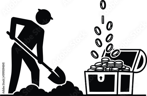 A vector illustration showing a person digging a hole with a shovel, unearthing a treasure chest.