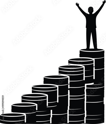 Man on top of stacked coins, vector illustration of financial growth and wealth accumulation.