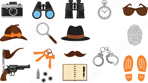 Detective and Private Investigator Icon Set Featuring Camera, Binoculars, Magnifying Glass, Fingerprint, Handcuffs, and Mystery Solving Equipment for Crime and Law Enforcement Designs