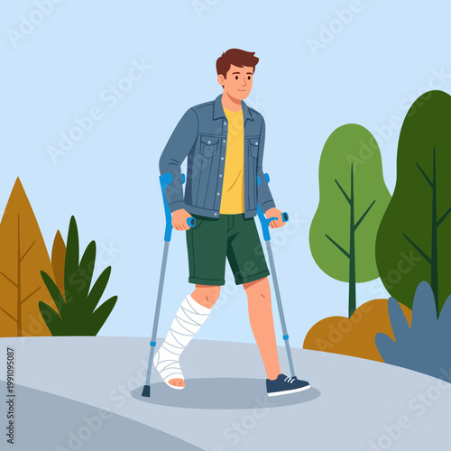 A determined young man navigating with crutches and a bandaged leg, portraying resilience and adaptability in the face of physical challenges during recovery.