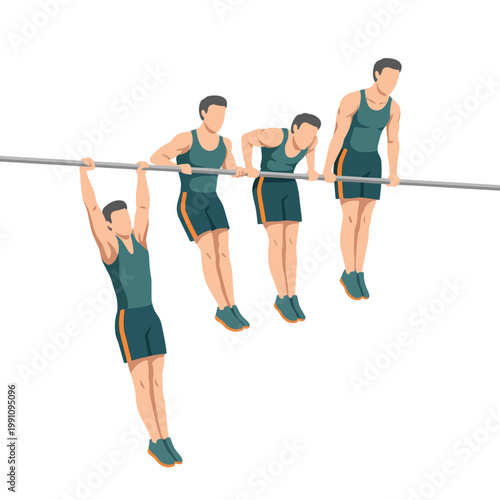 A group of men showcases strength and camaraderie while performing bar exercises, highlighting perseverance and teamwork in fitness activities.