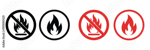 No Fire Icon Set Vector, Ban Fire Sign Collection with Allowed and Forbidden Symbols, Safety Warning Icons for Hazard Prevention, Fire Control Signage and Emergency Instruction Illustration