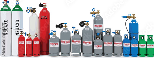 Industrial Gas Cylinder Collection with Oxygen, Propane, and Compressed Gas Tanks in Various Sizes for Safety and Equipment Designs