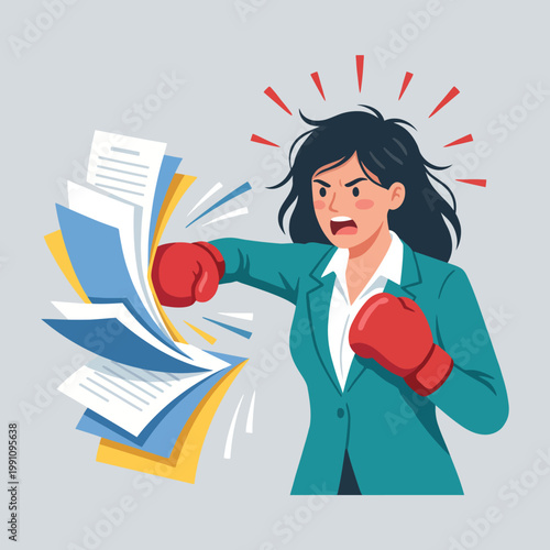 An assertive woman in a business suit punches through paperwork with boxing gloves, symbolizing the battle against overwhelming tasks and challenges in a professional setting.