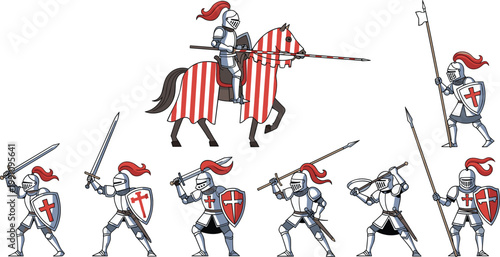 Medieval Knight Warrior Character Set with Armored Soldiers, Horse Cavalry, Swords, Spears, and Shields for History and Battle Designs