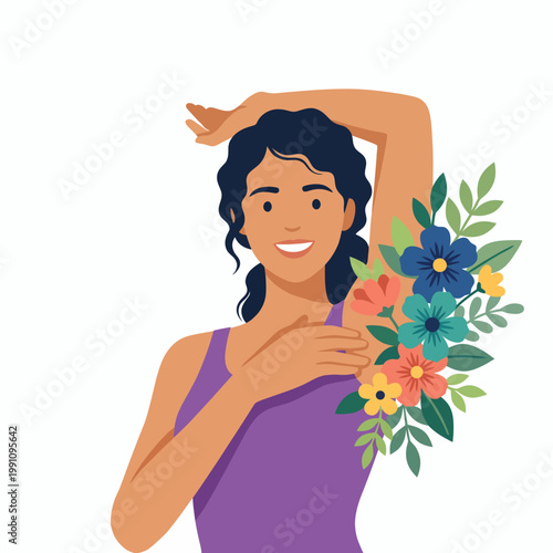 A joyful woman playfully poses with flowers, symbolizing self-love and confidence, highlighting beauty and positivity in a vibrant and colorful manner.