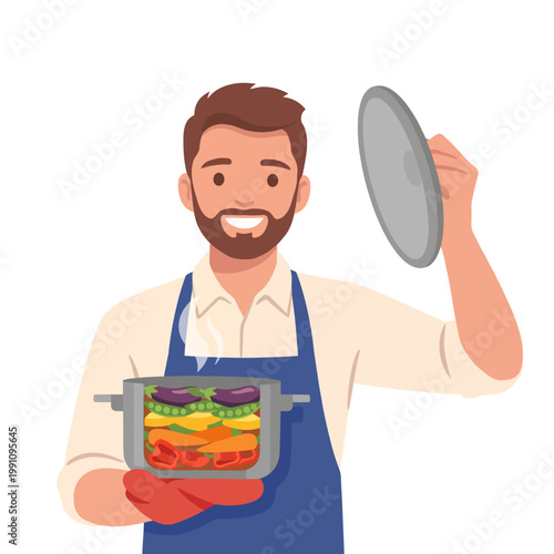This delightful illustration features a smiling chef unveiling a colorful dish, highlighting the joy of cooking and the satisfaction of preparing delicious meals with enthusiasm.