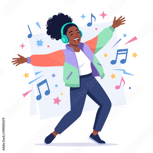 A joyful woman dances energetically with headphones, radiating happiness as she immerses herself in music, celebrating the power of rhythm and personal expression.