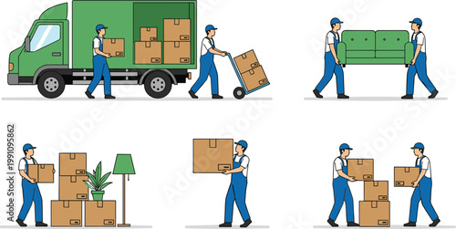 Professional Moving Service Icon Set Featuring Delivery Truck Workers Carrying Cardboard Boxes and Furniture for Logistics Relocation and Home Transport Business Designs