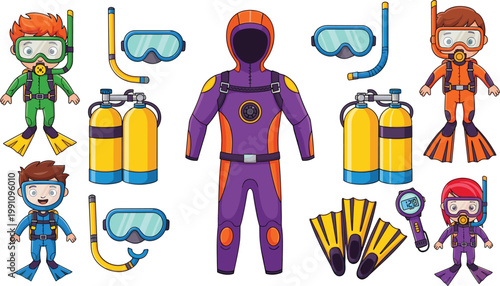 Scuba Diving Equipment and Character Set Vector Illustration with Diver Suits, Oxygen Tanks, Masks, Fins, and Snorkel Gear