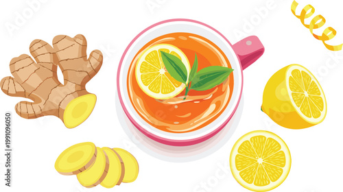 Top View Healthy Herbal Ginger Tea in Pink Cup with Fresh Lemon Slices and Raw Ginger Root for Natural Immunity Boost Wellness and Holistic Healing