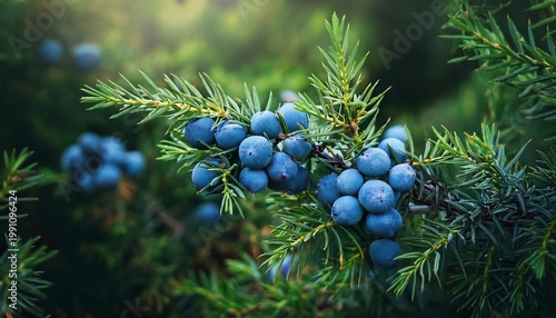 branch with fresh ripe blue juniper berries in garden green foliage backdrop aromatic botanical plant