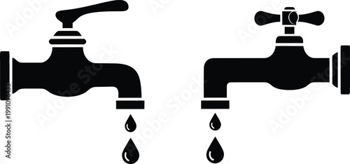 Black silhouette icons of two different water faucets with dripping liquid on white background Vector
