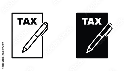 Tax form document and pen icon set for financial accounting and government reporting design projects in clean vector style