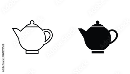 Elegant teapot icon set for kitchenware branding and culinary website design in outline and solid black vector styles