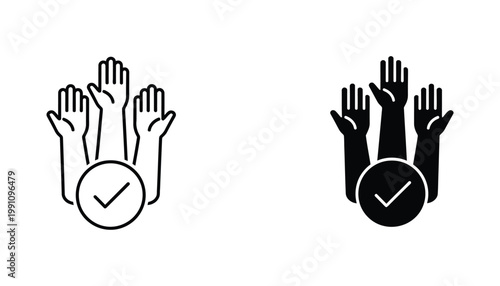 Group of hands reaching up with a checkmark icon representing success and collective achievement in vector design