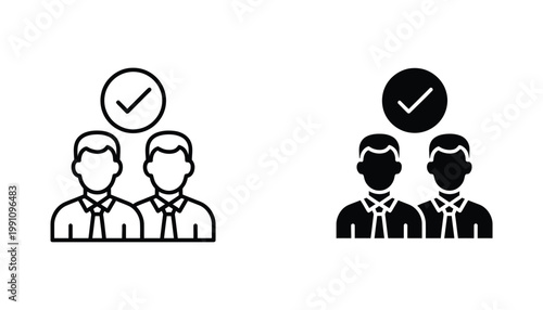 Business professional team icon set with checkmark representing successful partnership and approval in corporate environments