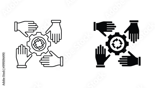 Collaborative teamwork icon set featuring four hands around a rotating gear for process improvement and business synergy
