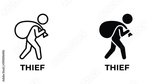 Stick figure thief character carrying sack of stolen goods vector icon set featuring criminal silhouette and outline styles for security alerts and crime reporting applications or web design assets