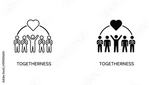 Togetherness icon set featuring group of people standing together with heart symbol above in flat vector style isolated on white background for social unity community and charity branding projects