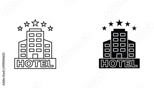 Hotel building icon set with five star rating for travel and accommodation branding in flat vector style isolated on white background for hospitality industry and booking platform design projects
