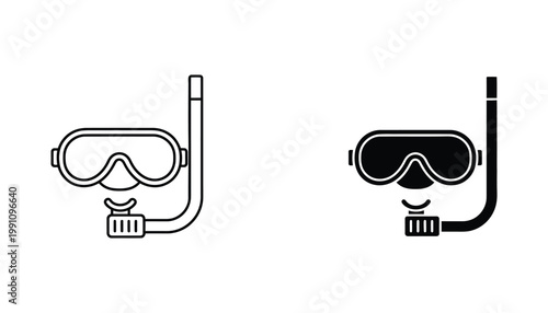 Scuba diving mask and snorkel icon set for water sports and recreational activities in flat vector style isolated on white background for tourism and aquatic exploration branding design assets