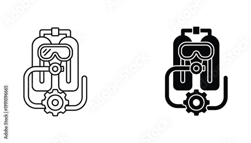 Scuba diving equipment icon set with oxygen tanks and regulator mask symbols for underwater sports and sea exploration projects