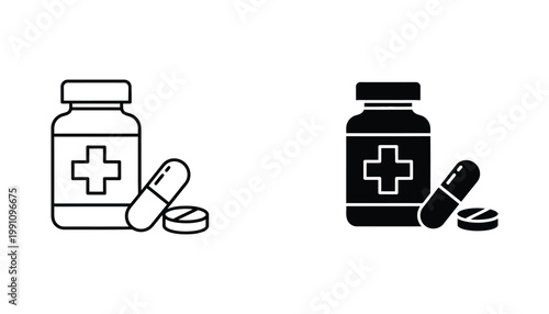 Medicine bottle and pill capsule icon set featuring healthcare pharmacy and pharmaceutical treatment symbols for medical design projects