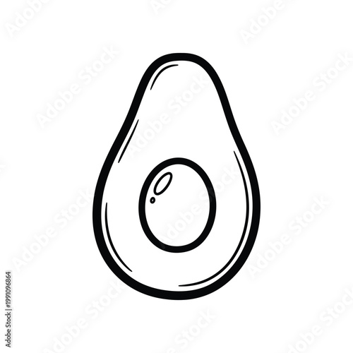 Minimalist black and white line art vector illustration of a halved avocado with a pit isolated on a pure white background suitable for healthy eating and diet concepts