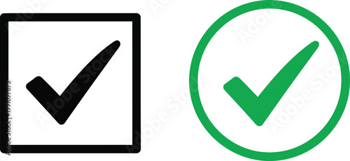 A graphic illustration showing a black square check box and a green circular check mark icon Vector