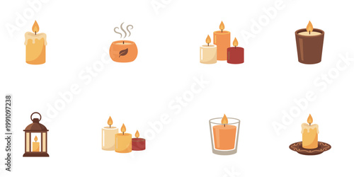 Scented candles and aromatherapy spa icons set flat vector illustration.