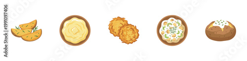 Different cooked potato dishes and snacks set flat vector illustration.