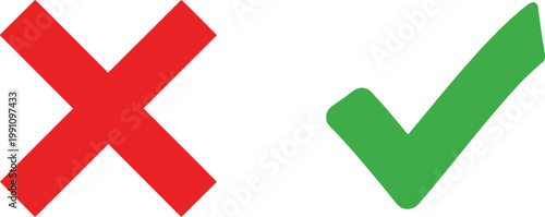 A graphic illustration showing a bold red cross mark next to a simple green check mark symbol Vector