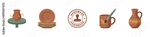Set of Flat Pottery and Ceramics Craft Icons. Vector Illustration.	
