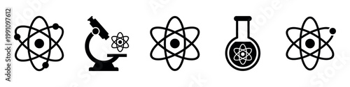 Science and chemistry icon set with atom structures and microscope silhouettes. Vector Illustration.	
