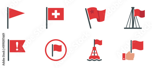 Set of red flags including warning signs and nautical symbols. Vector Illustration.	
