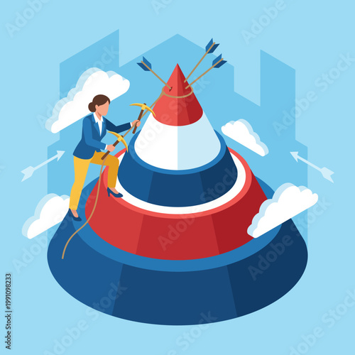 A determined woman climbs a peak symbolizing goals and achievements, representing ambition, motivation, and the pursuit of success against challenges.