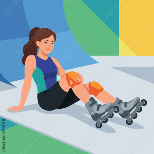 A young skateboarder sits on a ramp looking frustrated after falling and injuring her knee, capturing the emotions of perseverance and determination in sports.