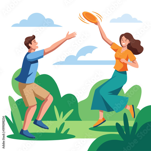 Two friends engage in a joyful game of frisbee in a sunny park, capturing themes of friendship, outdoor activity, and spontaneity in a lively artistic representation.