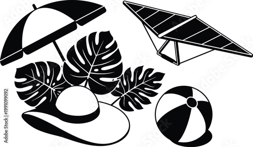 Black and white beach umbrella sun hat monstera leaves hang glider and beach ball vector art
