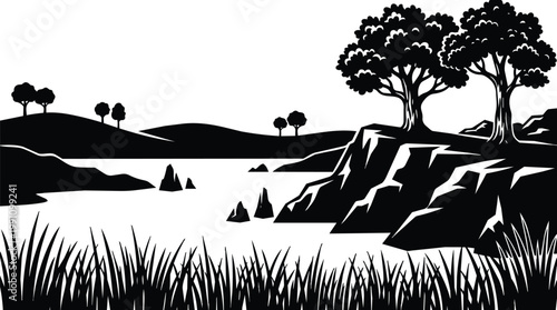 Black and white vector landscape with rocky cliff trees foreground grass and distant hills