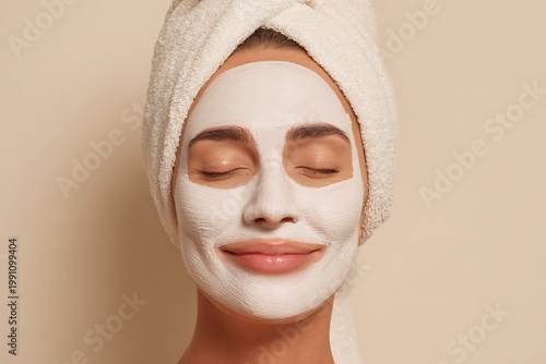 A woman wearing a face mask and a towel on her head