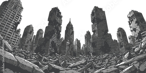 Post apocalyptic destroyed city ruins with broken buildings vector illustration